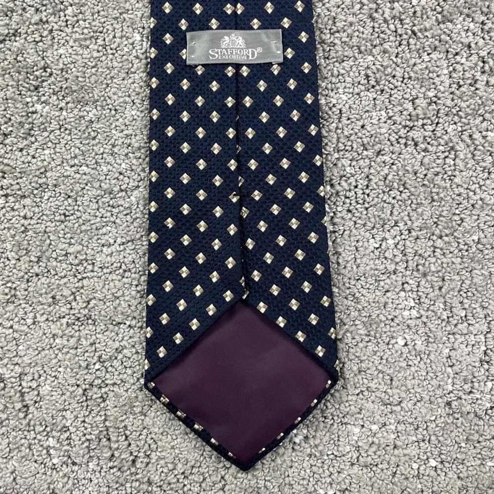 Stafford Executive Mens 100% Silk Tie Navy Blue Gold Geometric Necktie